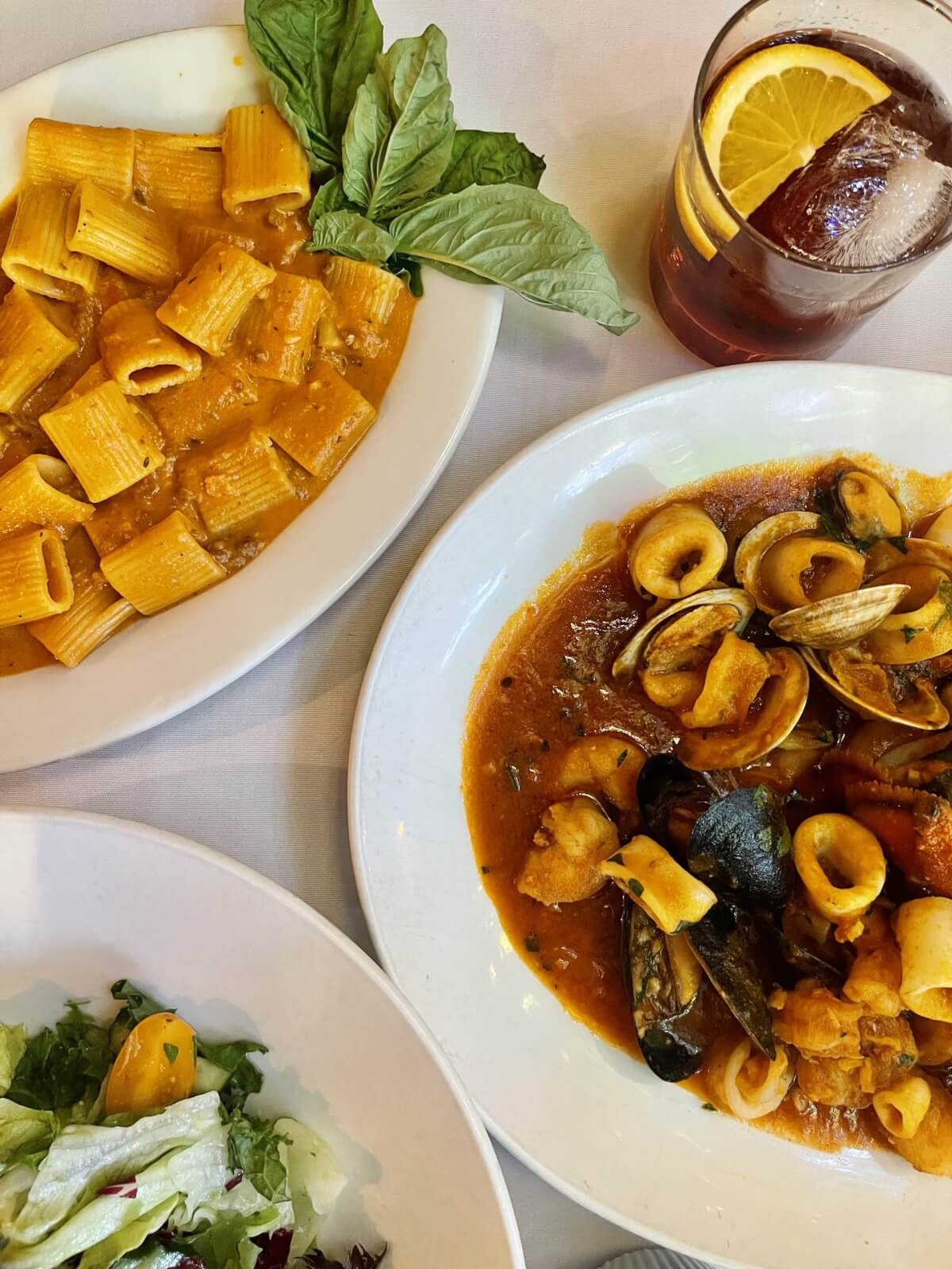 plated noodles, salad, and italian seafood stew with iced tea