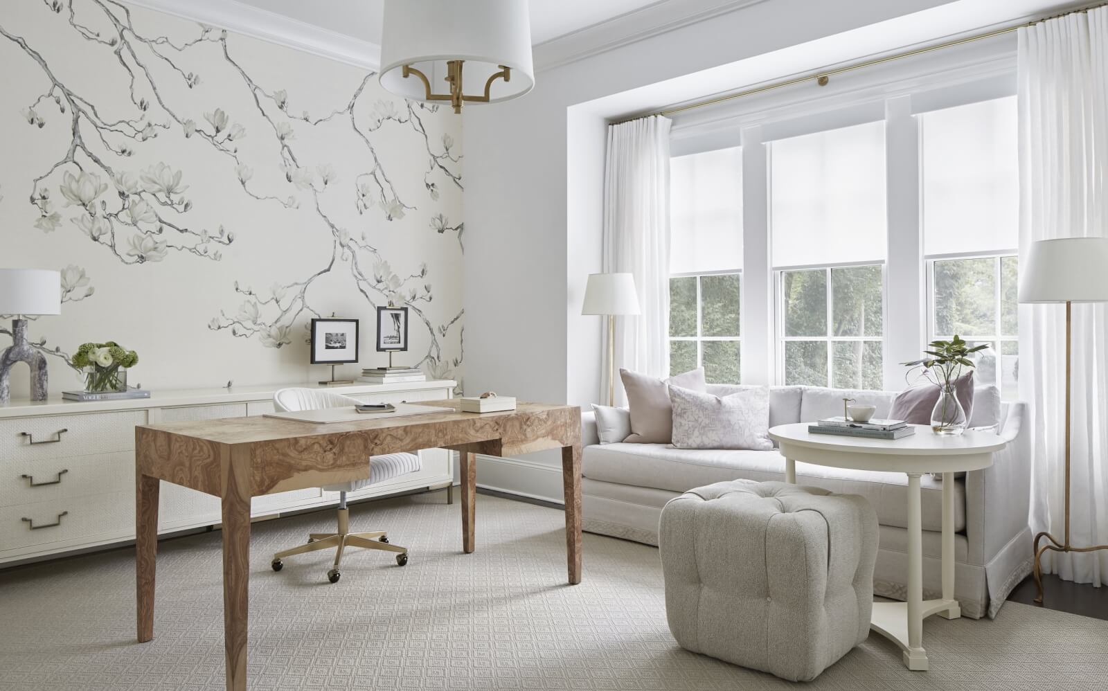 White office with floral wall covering