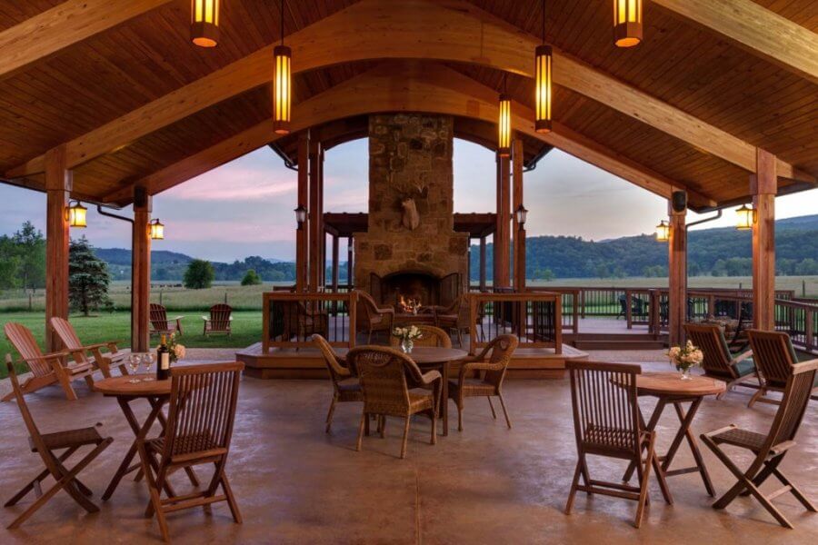 Fort Lewis Lodge interior with stone fireplace