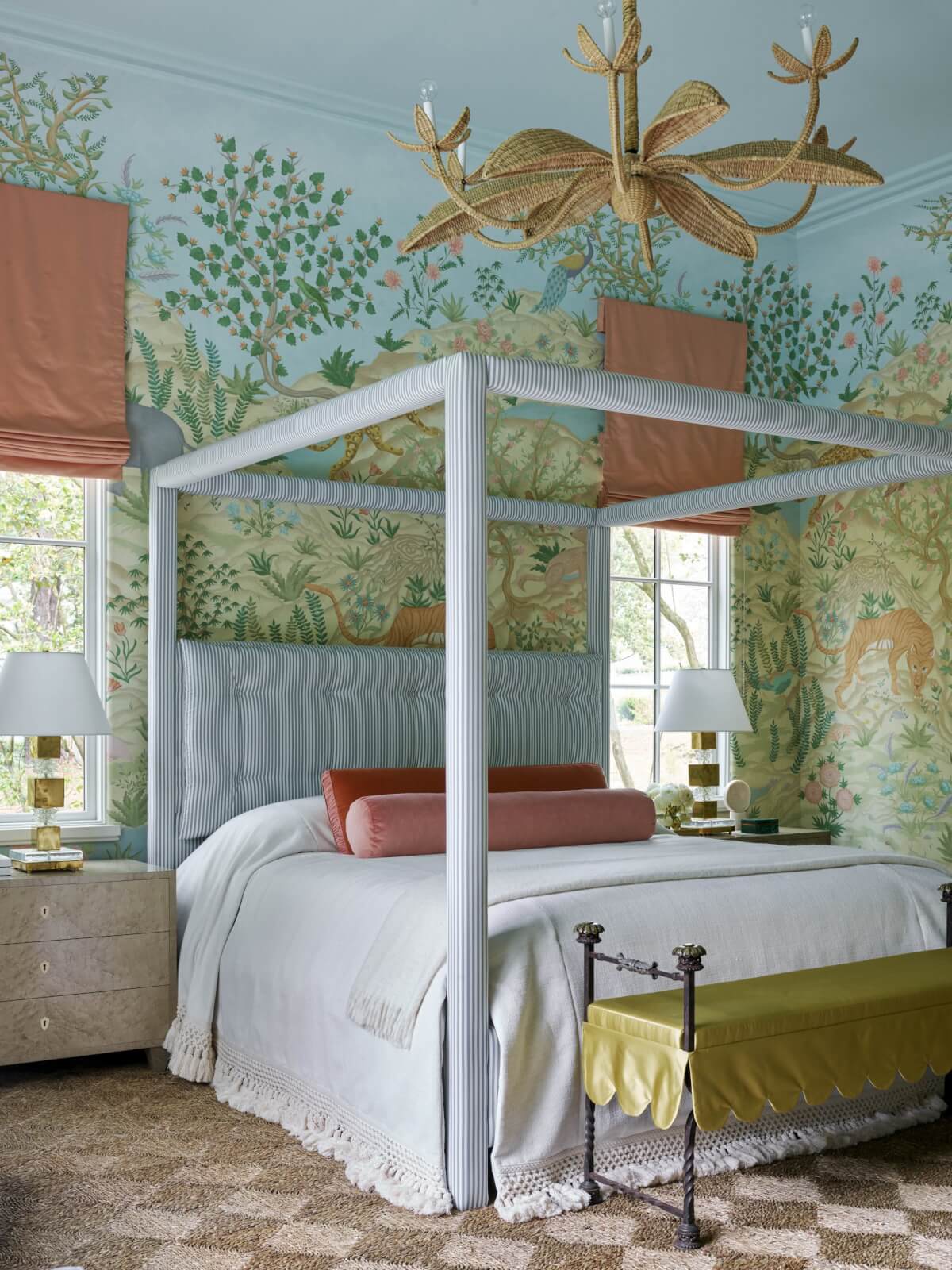 Primary Bedroom with checker flooring and garden wall mural.