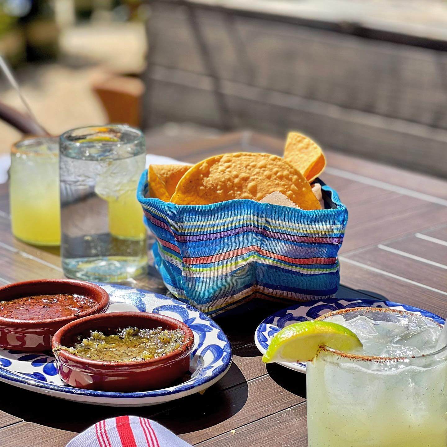 Margaritas, salsa, and tortilla chips