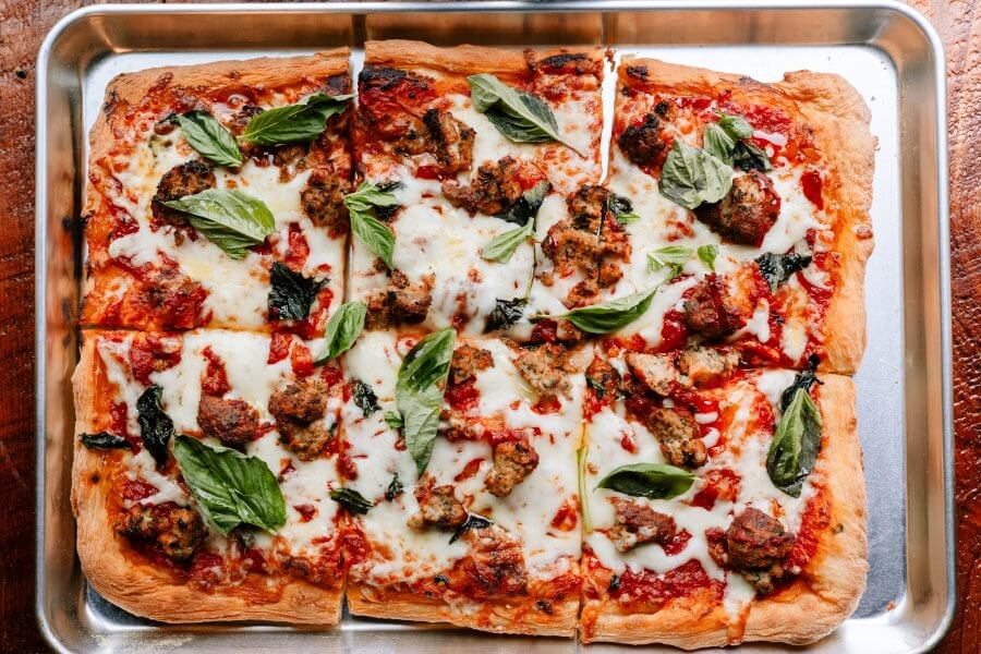 Rectangular meatball pizza